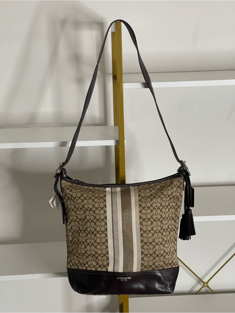 Coach Legacy Signature Stripe Khaki/Mahogany Duffle Shoulder Bag